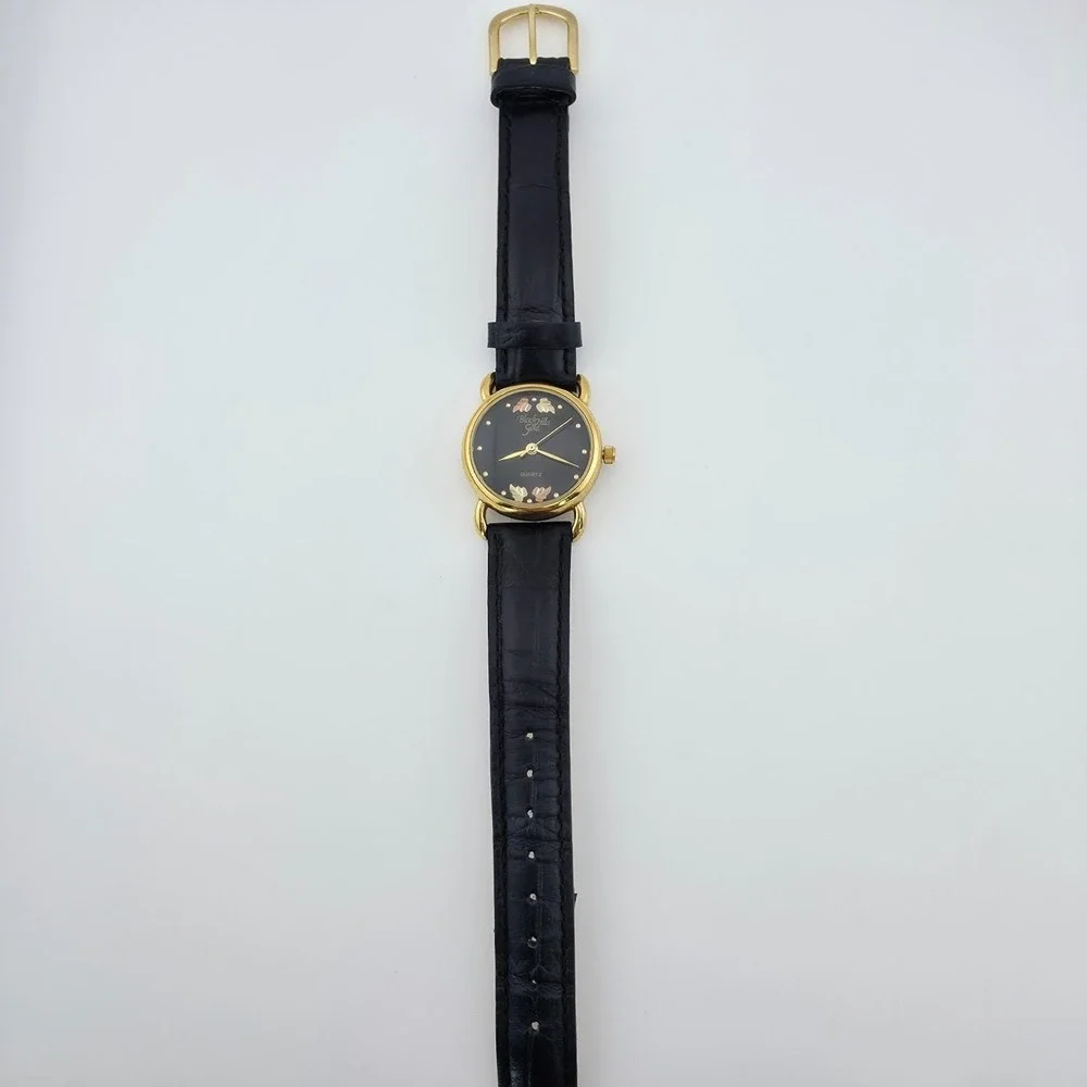 Vtg BLACK HILLS GOLD Ladies Watch 12K Rose & Yellow Gold Leaves Black Band 7.5